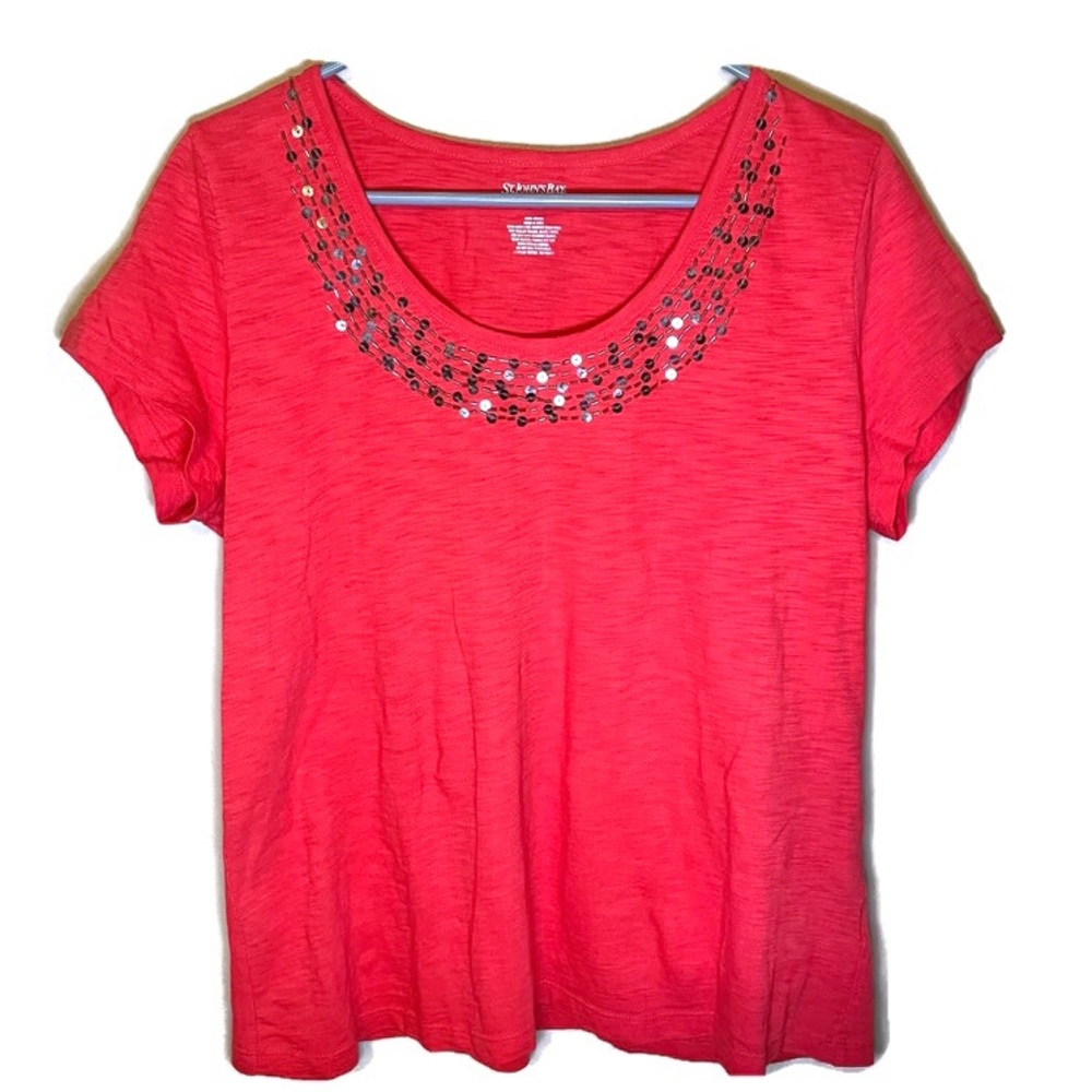 NWOT St. John’s Bay Short Sleeve Rhinestone Beaded Blouse Size Petite Large